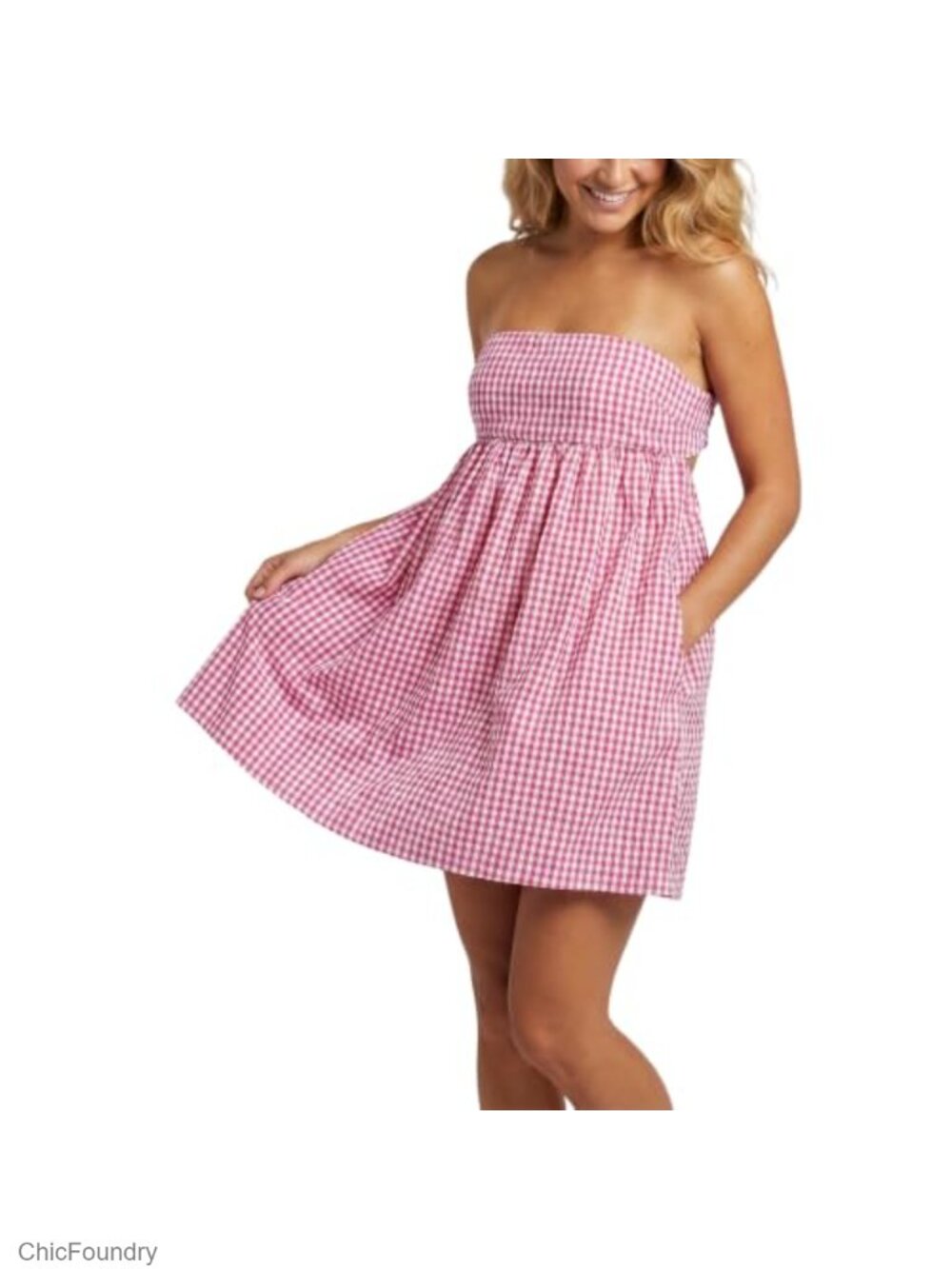 Gingham Strapless Babydoll Mini Dress Tie Back Flowy Sundress